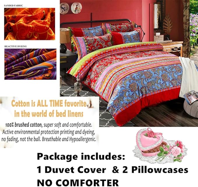 ABREEZE 3Pcs Bohemia Retro Bedding Ethnic Vintage Floral Duvet Cover Boho Bedding 100% Brushed Cotton Bedding Sets Damask Paisley Coloful Mandala Down Comforter Cover,Full