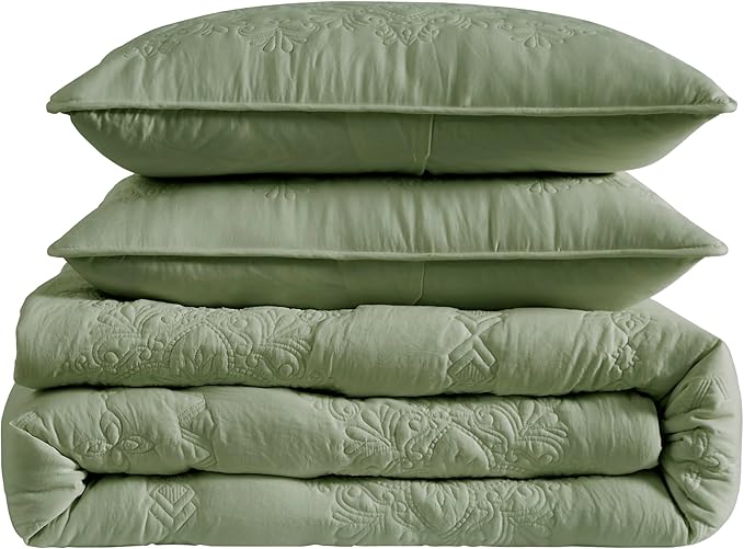B2EVER Boho Sage Green Quilt California Cal King Size Bedding Sets with Pillow Sham, Oversized Lightweight Soft Bedspread Coverlet, Floral Vintage Bed Cover All Season, 3 Pieces, 118x106 inches