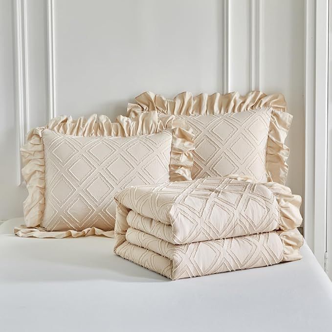 Flysheep Tufted Grids Ruffle Comforter Set Twin Size, 3 Pieces Beige Vintage Farmhouse Shabby Chic Comforters, Jacquard Boho Bohemian Bedding Set for Kids (1 Ruffled Comforter+ 2 Pillow Shams)