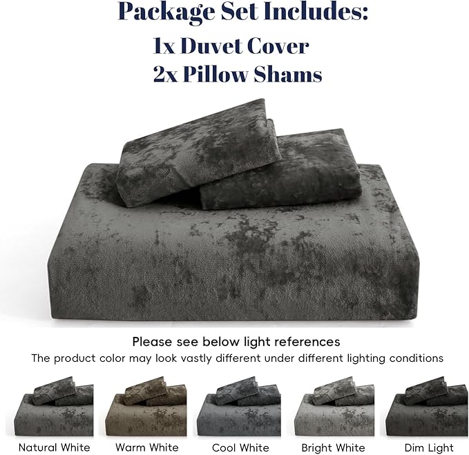 PHF Truly Velvet Duvet Cover Set King Size, 3pcs Ultra Soft Breathable Comforter Cover Set, Luxury Cozy Flannel Duvet Cover with Pillow Shams Bedding Collection, 104" x 90", Dark Gery