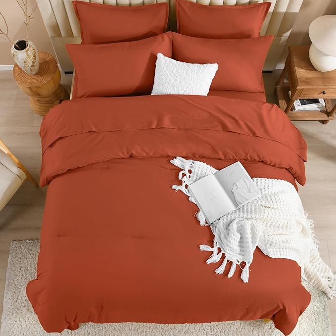 Litanika Burnt Orange Comforter California King Size Set - 7 Pieces Terracotta Bed in a Bag California King Bedding Comforter Sets, Plain Lightweight Bed Set