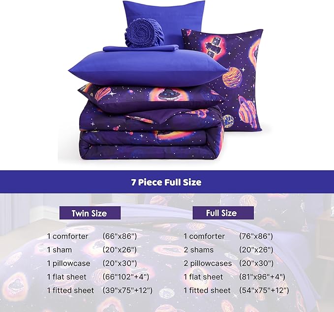 Full Size Comforter Set for Boys-7 Pieces Space Rocket Full Bedding Sets for Kids, Ultra Soft Bed in A Bag with Sheets