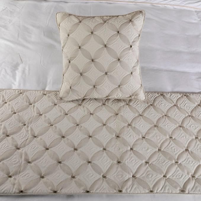 The HomeCentric King Queen Twin Ivory Bed Runner with 2 Decorative Throw Pillow Cover, CA King Size 86"x18" Bed Runner with Pillow Cover, Linen Quilted & Embroidery, Modern Contemporary - Tender Love
