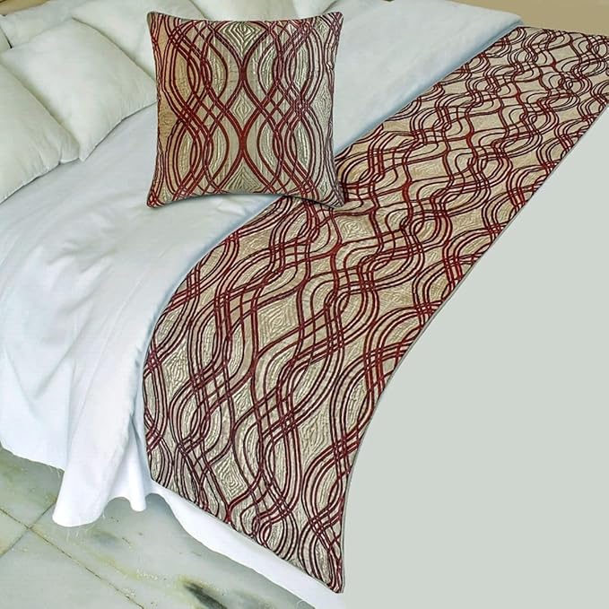 The HomeCentric King/Queen/Twin Brown Decorative Bed Runner Queen 74"x18" Bed Runner with Two Pillow Cover, Quilted, Swirl Pattern Bed Scarf on Satin Fabric - Brown Swirls