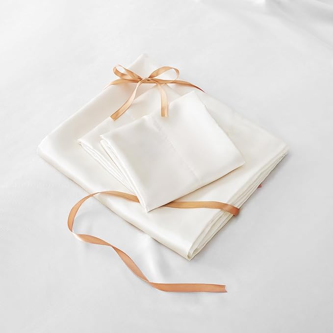 BEDELITE Satin Sheets Twin XL Size Bed Set, Luxury Soft Ivory White Silky Sheets for Hair and Skin, Similar to Silk Bed Sheets Set 3 Pieces (1 Deep Pocket Fitted Sheet, 1 Flat Sheet, and 1 Pillowcase)
