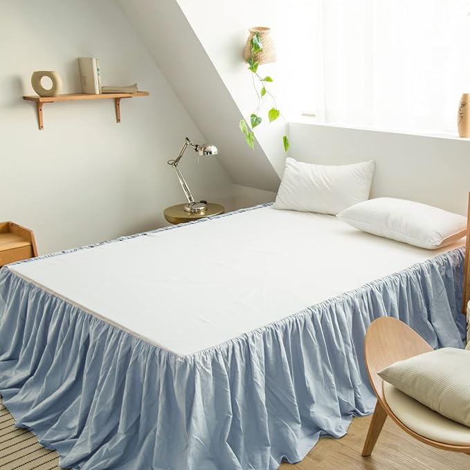 BISELINA French Linen Bed Skirt with Pleated Frills 14-Inch Tailored Drop Natural Flax Cotton Blend Dust Ruffle Soft Cozy Farmhouse Bedding (14" King, Dusty Blue)