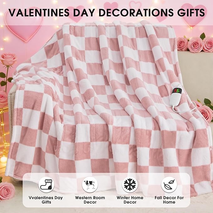 Light Pink Heated Blanket Electric Throw, 50X60 Heating Blanket with 10 Heat Levels & 8 Hours Auto Off for Lap, Checkered Plaid Soft Sherpa Blankets Warmer Gifts for Couch Grandma Women Adults