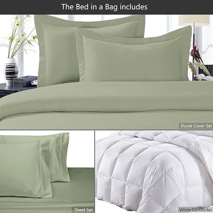 8 Pieces 100% Cotton Solid Sage Full Goose Down Bed in a Bag Set Including 600TC Sheet Set + 600TC Duvet Cover Set+ All Season Striped Goose Down Comforter 600 Fill Power
