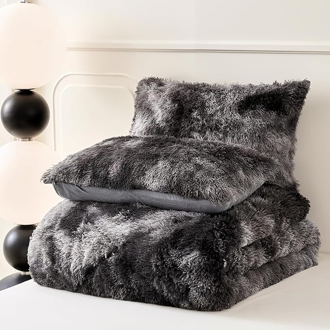 PERFEMET 3 Pcs Dark Grey Fluffy Faux Fur Comforter Full Size Plush Shaggy Tie Dye Bedding Sets Ultra Soft Long Hair Flannel Fuzzy Comforter for Kids Teens(Dark Grey, Full)