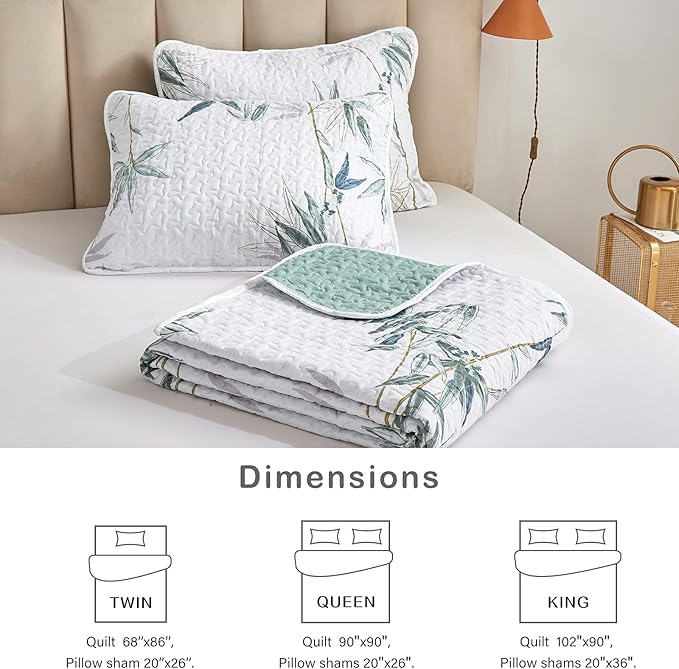 Flysheep Botanical Quilt Set 2 Pieces Twin Size, Green Leaves Printed on White Reversible Bedspread Coverlet Set, Soft Microfiber Lightweight Bed Cover for Kids (68" x 86", 1 Quilt+ 1 Pillow Sham)