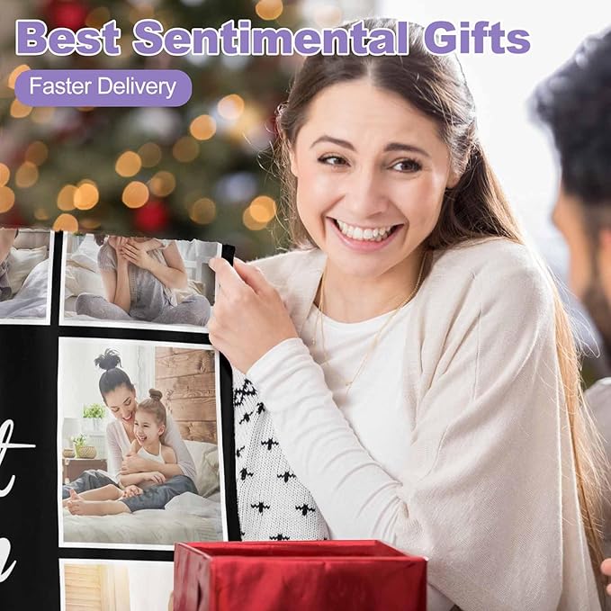 Photo Blankets Customize, 10 Photos Customize Blanket Mom Birthday Gifts from Daughter Son, Personalized Mom Daughter Pictures Blankets, 8 Sizes