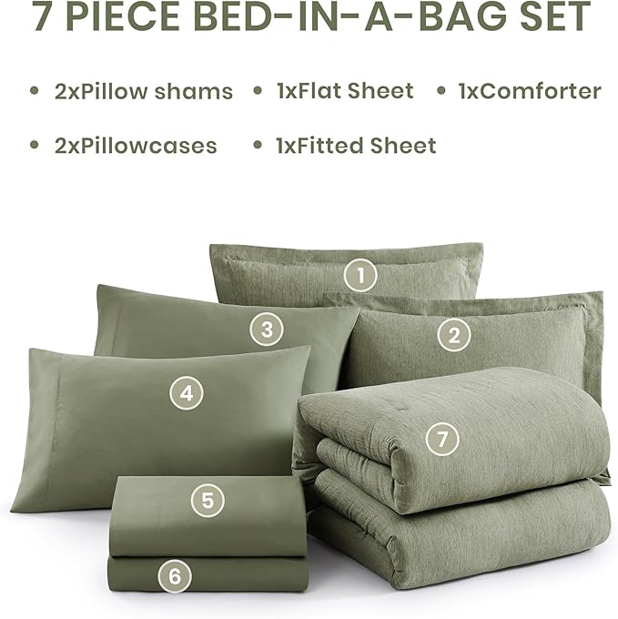 Monbix Oversized Queen Comforter Set - 7 Pieces Cationic Dyeing Sage Green Bed in a Bag Bedding Sets with Comforter, Sheets, Pillowcases & Shams, Reversible Bedding Comforters Sets