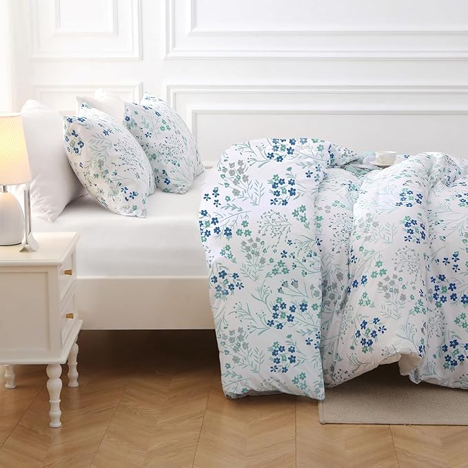 MUXHOMO Blue Flower Bed in a Bag King 7 Pieces, King Comforter Set Reversible Botanical Flowers Design, Ultra Soft & Breathable Bedding Sets with Comforter, Sheets, Pillowcases & Shams