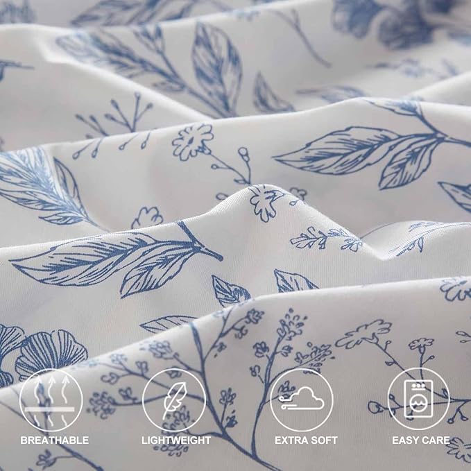 Faincy 7 Pcs Queen Size Comforter Set with Sheets, Blue Floral and White Flower Leaf Pattern Print Alternative Bed Sets - 90 x 90 inch Soft Microfiber Farmhouse Vintage Bedding in a Bag for Women Men