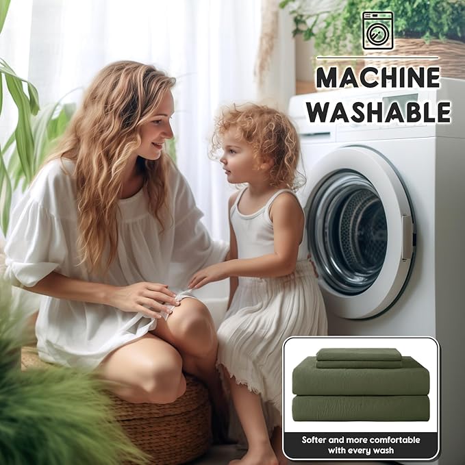 SONORO KATE 100% French Pure Linen Sheets, Breathable and Durable Line Twin XL Size Sheets, Anti-Tear Line Bed Sheets, Machine Washable, 16 Inch Deep Pocket - 3 Piece (Olive Green, Twin XL)
