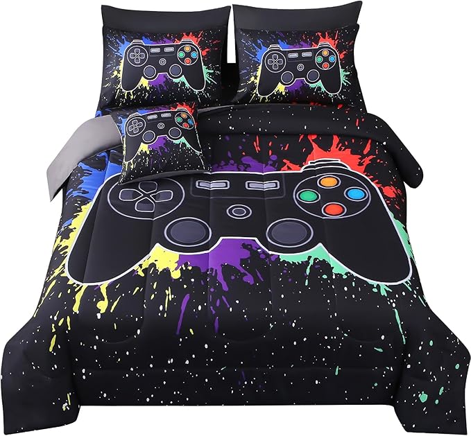 JQinHome Full Gamer Comforter Sets for Boys,8 Piece Bed in A Bag 3D Video Game Bedding -All Season Microfiber Gamer Bedding Sets for Kids, with Pillowcase, Flat & Fitted Sheet,Cushion Cover(Black)