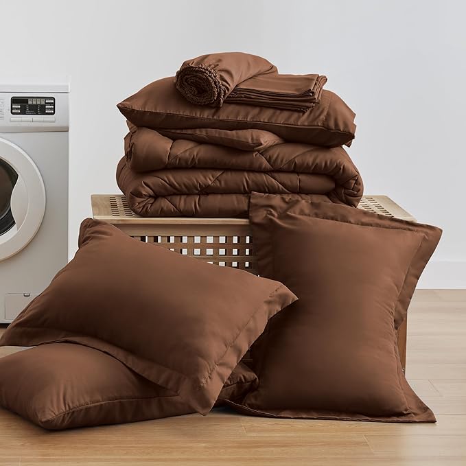 Love's cabin King Size Comforter Set Brown, 7 Pieces King Bed in a Bag, All Season Bedding Sets with 1 Comforter, 1 Flat Sheet, 1 Fitted Sheet, 2 Pillowcase and 2 Pillow Sham