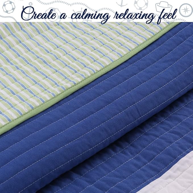 Cozy Line Home Fashions Waylon Navy Blue Green White Striped 100% Cotton Reversible Bedding Quilt Set, Coverlet Bedspread (Blue/Green, Queen - 3 Piece)