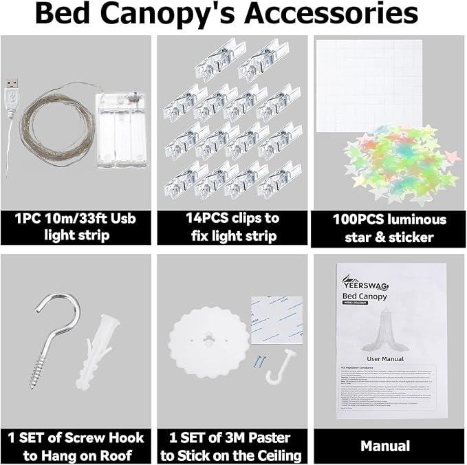 Bed Canopy with Lights, Bed Canopy for Girls Princess with Luminous Stars, Canopy Bed Curtains for Twin to King Size Bed, Baby Kids Adult Indoor Decor Bedroom Reading Nook Halloween Decoration (Black)
