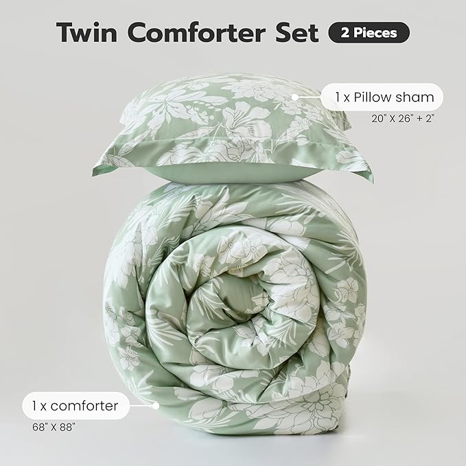 Joiedomi Twin Comforter Set Sage Green, 2 Pieces Floral Twin Bedding Set with 1 Soft Reversible Botanical Flower Comforter and 1 Pillow Sham, Bed in a Bag for All Seasons
