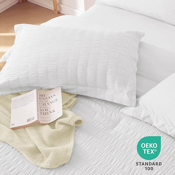 MUXHOMO 7 Pieces California King Comforter Set, Seersucker Bed in a Bag Cal King Size, All Season Luxury Bedding Set with Comforter, Flat Sheet, Fitted Sheet, Pillowcases & Shams, White