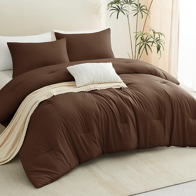CozyLux Full Size Comforter Set Brown, 3 Pieces Solid Breathable Quilted Style Bedding Sets, Luxury Fluffy Soft Bed Set with Down Alternative Comforter for All Season (1 Comforter & 2 Pillowcases)