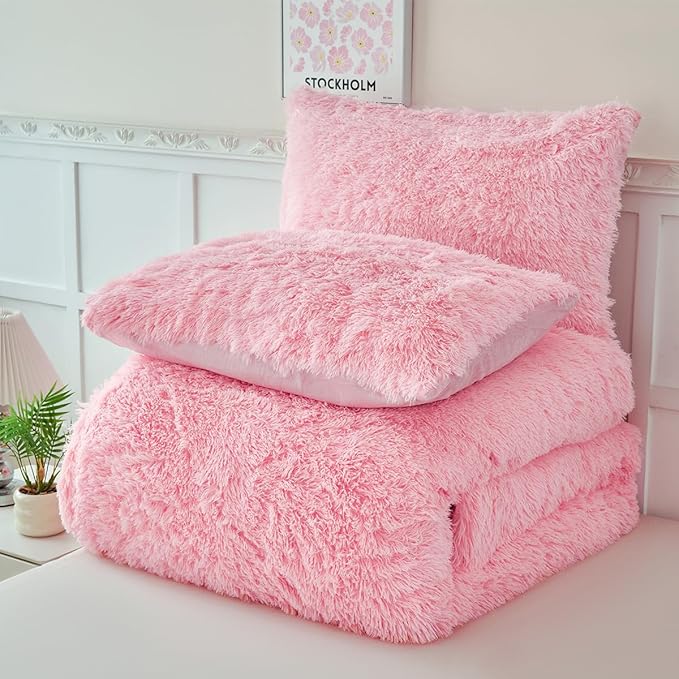 PERFEMET Pink Fluffy Comforter Set Twin Size 3 Pieces Faux Fur Plush Bedding Set for Girls Teen Ultra Soft Cozy Velvet Furry Fuzzy Kids Comforter(Pink, Twin)