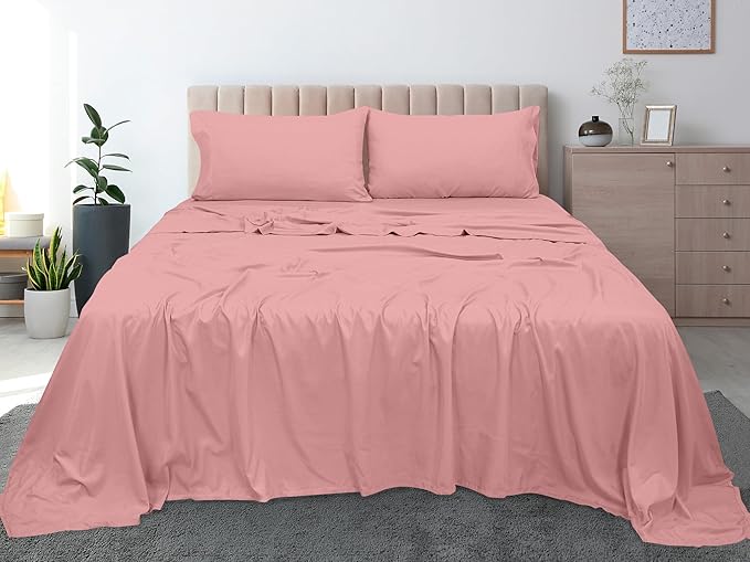 Royale Linens 300 Thread Count 100% Long Staple Combed Cotton Flat Sheet - Super Soft - Top Sheets - King Flat Sheet Sold Separately - Breathable, Cool & Crisp Percale Sheets Only (King, Pink)