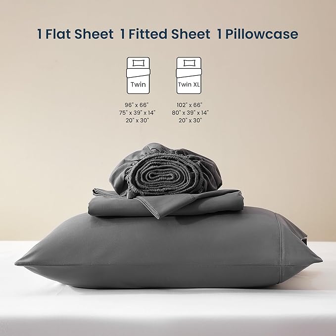 SLEEP ZONE Nanotex Super Soft Cooling Kids Bed Sheets Set Twin XL 3 Piece - Easy Care Fitted Flat Sheet & Pillowcase Sets - Wrinkle Free, Fade Resistant, Deep Pocket 16" (Gray, Twin XL)