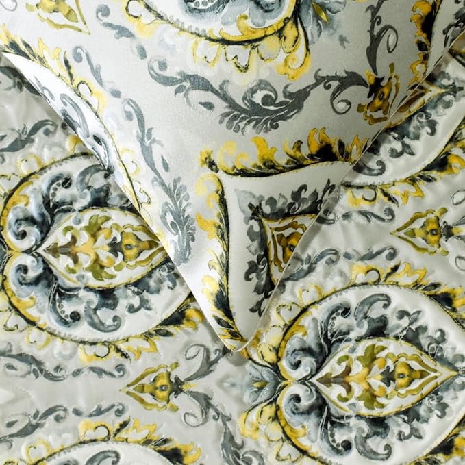 The HomeCentric King/Queen/Twin Grey & Yellow Designer Queen 74"x18" Bed Runner with 2 Pillow Cover, Quilted, Damask & Tassels Bed Scarf on Jacquard Fabric - Flamey Damask