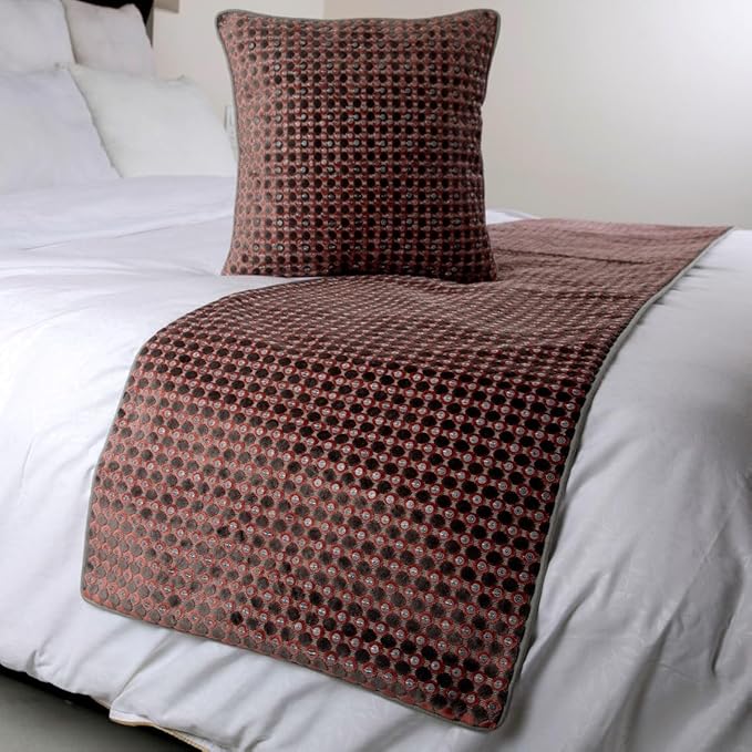 The HomeCentric Grey Bed Runner, CA King Size 86"x18" Decorative Bed Runner with 2 Matching Pillow Cover, Peach & Grey Velvet Bed Scarf in Sequins Embroidery - Ditto Dots