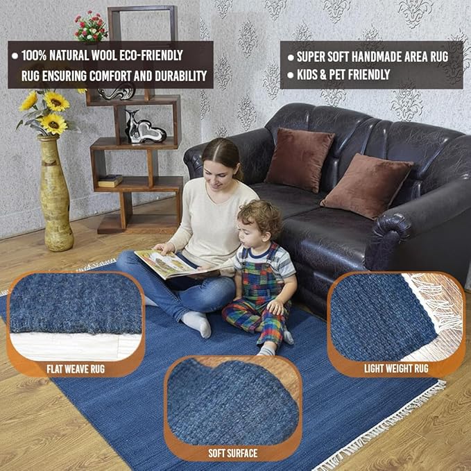 Rugsotic Carpets Hand Woven Flat Weave Kilim Wool ECO-Friendly Area Rugs - 5'x8', Rectangle Shape, Blue Color, Solid Plain Design, Low Pile Handmade Area Rugs for Living Room, Bed Room (D00111)