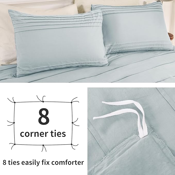 NEXHOME PRO 100% Washed Cotton Duvet Cover Full Size, Pleated Textured Duvet Cover Set Azure Blue, 3 Pieces Bedding Set with Zipper Closure, Soft, Lightweight and Breathable (80"x90", No Comforter)