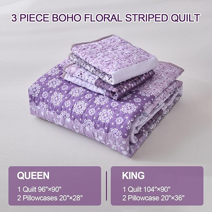 WONGS BEDDING Boho Quilt Queen Set,Purple Bohemian Striped Patchwork Bedspread Coverlet Set with 2 Pillowcases,Lightweight Microfiber Floral Quilt Bedding Set 96"×90"