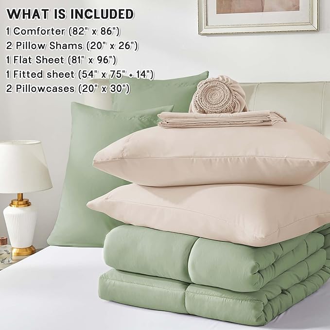 Anluoer Full Size Bed in a Bag 7 Pieces, Sage Green Bed Comforter Set with Sheets, All Season Bedding Sets with 1 Comforter, 2 Pillow Shams, 2 Pillowcases, 1 Flat Sheet,1 Fitted Sheet