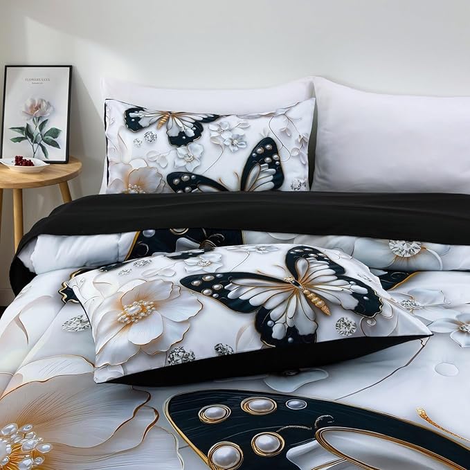 A Nice Night 6pcs Bed in A Bag Black and Glod Dreamy 3D Butterfly Printed, with Pearl Flower Design Butterflies Bedding Full Comforter Set, for Girls Kids Teens
