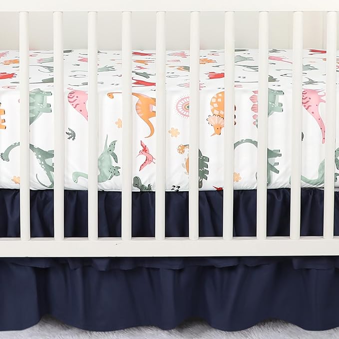 Crib Bedding Set for Boys, Baby Crib Bedding Set 4 Piece, Baby Boy Nursery Bedding Set Including Comforter, Fitted Crib Sheet, Crib Skirt, Diaper Stacker, Blue Dinosaur | Cute Pattern, 4 Piece