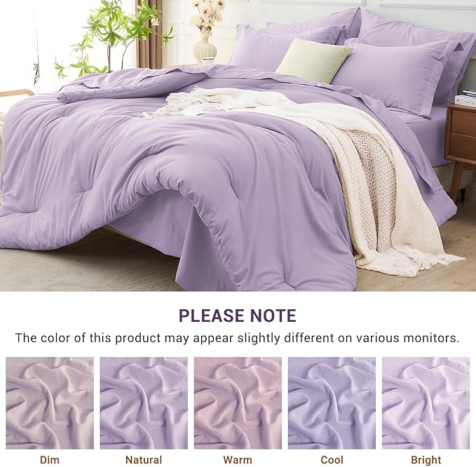 MUXHOMO 7 Pieces California King Comforter Set, Soft Bed in a Bag Cal King Size, All Season Bedding Set with Comforter, Flat Sheet, Fitted Sheet, Pillowcases & Shams, Lavender