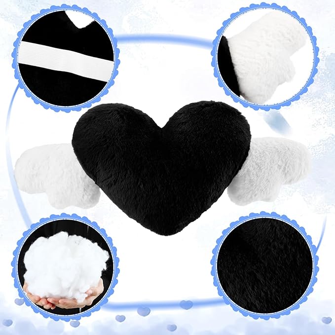 Macarrie 2 Pcs Plush Heart Shaped Pillow with Angel Wings Car Headrest Soft Comfortable Seat Pillow for Driving Travelling Room Office Car Decor, 19.7 x 8.3 Inch(Black)