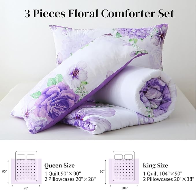 Floral Comforter Set King Size, 3 Pieces Elegant Purple Floral Bed in a Bag, Soft Microfiber Botanical Flower Bedding Set with 2 Pillowcases for All Season 104"×90"