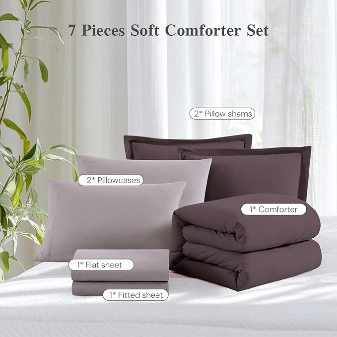 WRENSONGE King Comforter Set, 7 Pieces Artic Plum Soft Bed in a Bag King with Fitted Sheet, Flat Sheet, 2 Pillow Shams, and 2 Pillowcases- Warm Bedding Set for All Season