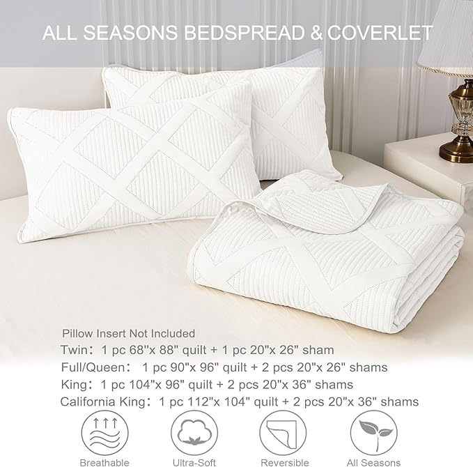 Exclusivo Mezcla Quilts Queen Size - White Quilt Set Bedspread with 2 Pillow Shams, Modern Bedding Set with Striped Pattern, Soft Lightweight Bedspreads Queen Size for All Seasons