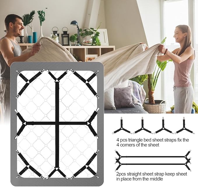 Bed Sheet Straps,6 PCS Secure and Fitted Sheet Straps for Full Size Bed,Adjustable Sheet Clips Elastic Fasteners Holders for Corners,Enhance Your Sleeping Experience(Black)