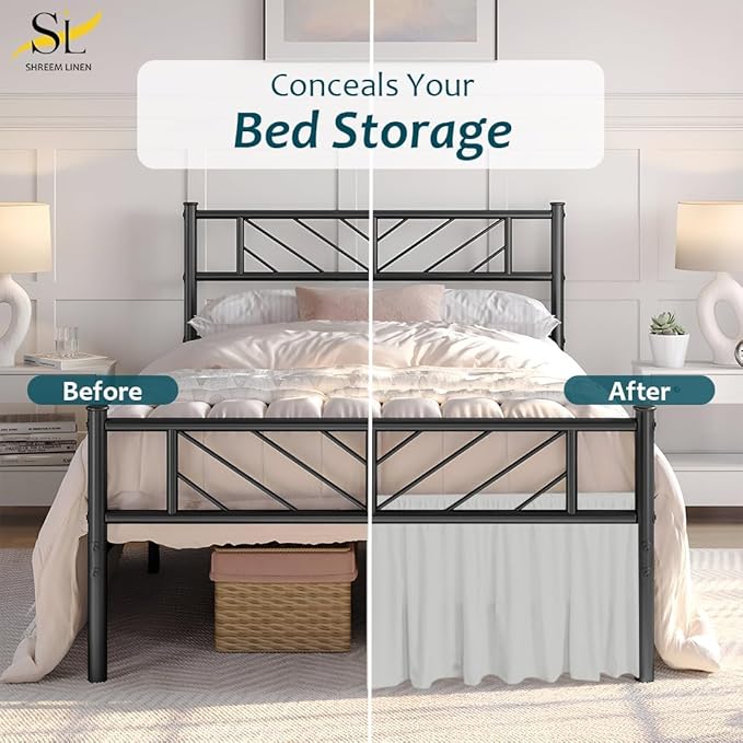 Shreem Linen Ruffled Bed Skirt with Split Corners, Gathered Style, 100% Microfiber, 15-Inch Drop, Dust Ruffle Bedskirt with Platform, King, Light Grey