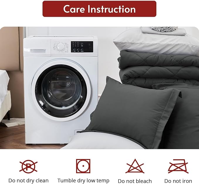 MUXHOMO 7 Pieces Full Comforter Set, Reversible Bed in a Bag Full Size, All Season Bedding Set with Comforter, Flat Sheet, Fitted Sheet, Pillowcases & Shams, Dark Grey & Light Grey