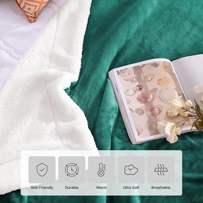 MOONLIGHT20015 Emerald Green Sherpa Fleece Throw Blanket Twin Size for Bed - Wholesale Bulk Pack of 12 Sherpa Blankets - Soft Fluffy Throw Blankets for Hotels, Guest Bedroom, 60x80 Inches
