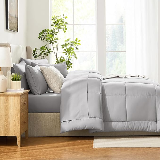 CozyLux King Size Comforter Set French Grey, 7 Pieces Bed in a Bag, Grey Comforter King Size, All Season Bedding Sets with Stitch Quilted Comforter, Flat Sheet, Fitted Sheet, Pillowcases