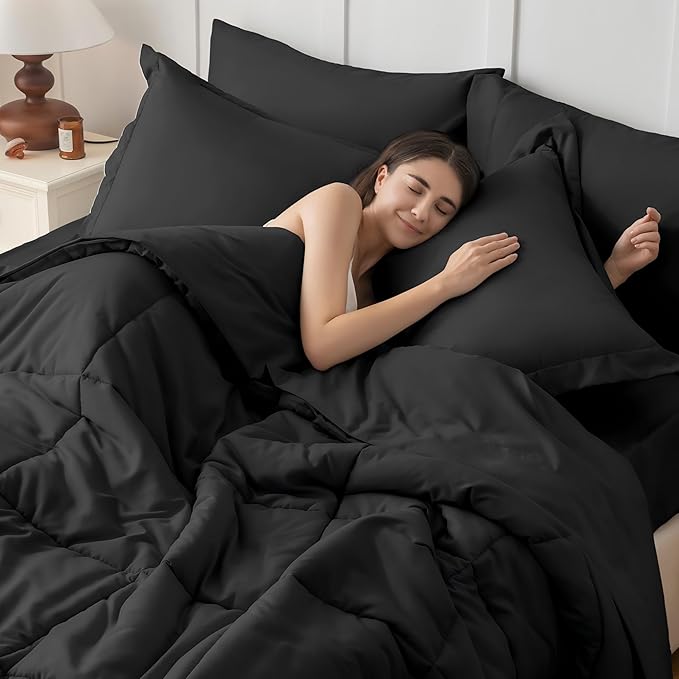 JOLLYVOGUE Oversized King Comforter Set, Ultra-Soft Bed in a Bag Oversized King Size 7 Pieces, Oeko-TEX Certified Bedding Set with Down Alternative Comforter, Sheets, Pillowcases & Shams, Black