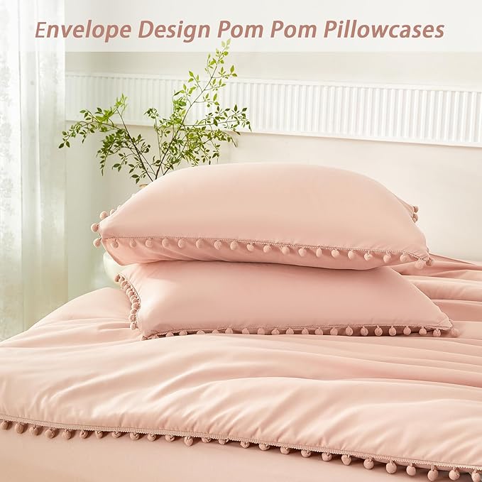 PERFEMET 5 Pieces Girls Blush Comforter Set Full Aesthetic Solid Pom Pom Comforter Soft Microfiber Dusty Pink Bed in A Bag Kids for All Season(Blush, Full)