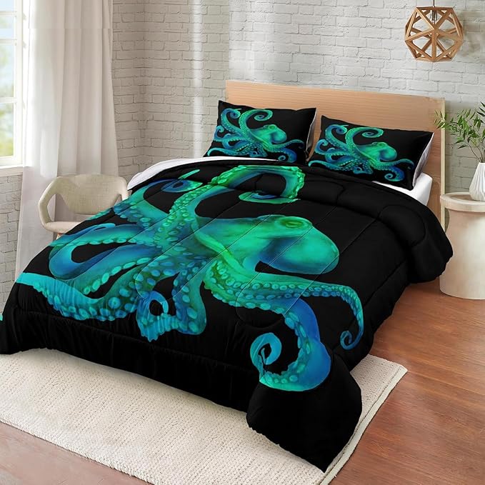 Bedbay Ocean Octopus Comforter Set King Size Ocean Animal Comforter Set for Kids Teens Sea Marine Themed Octopus Bedding Tentacles Pattern King Bedding Set